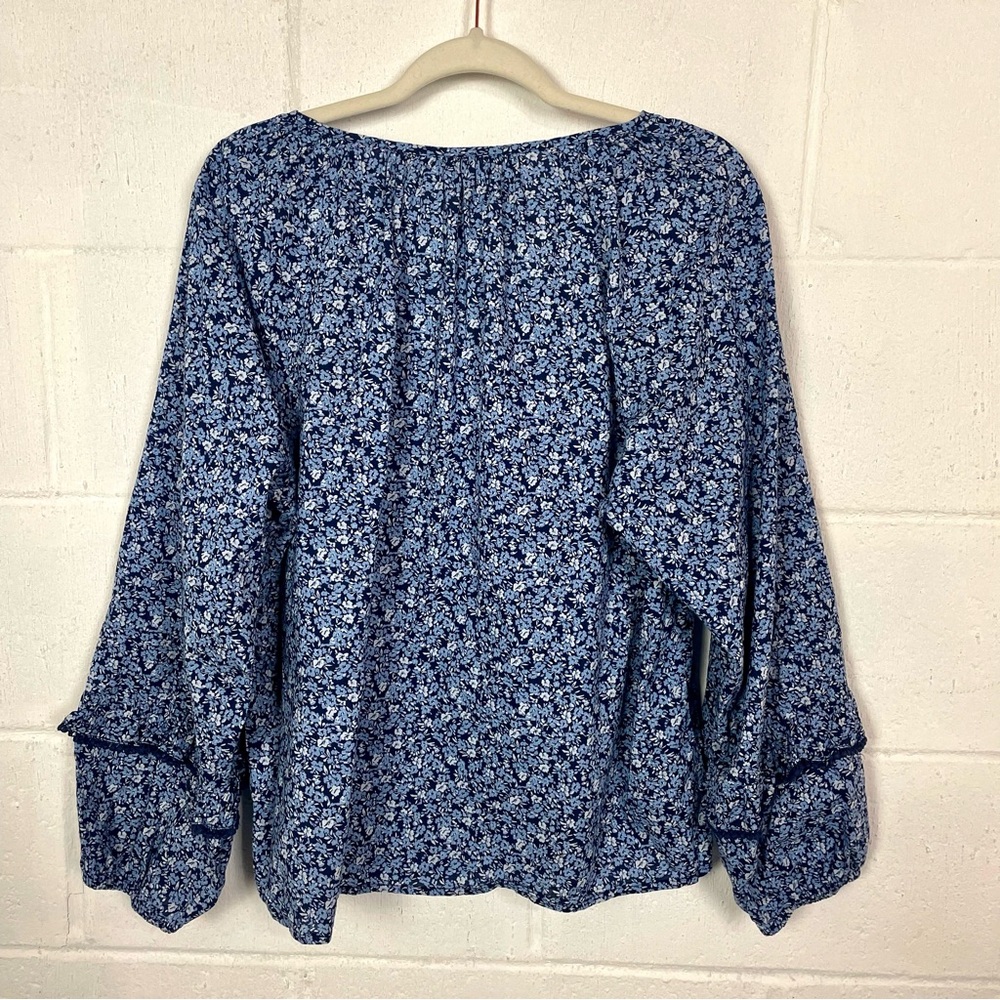 J. Crew V-Neck Popover Top Blue Floral Ruffles Balloon Sleeves Cottage Peasant L - Picture 8 of 13